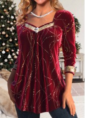 Sequin Wine Red Long Sleeve Heart Collar T Shirt
