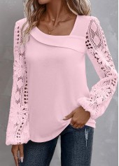 Lace Light Pink Long Sleeve Asymmetrical Neck Blouse