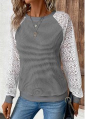 Patchwork Dark Grey Long Sleeve Round Neck T Shirt