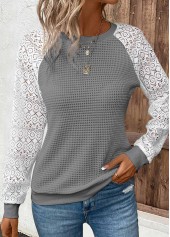 Patchwork Dark Grey Long Sleeve Round Neck T Shirt