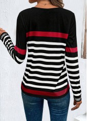 Striped Patchwork Black Long Sleeve Round Neck T Shirt