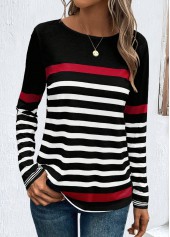 Striped Patchwork Black Long Sleeve Round Neck T Shirt