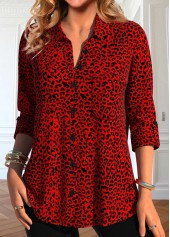 Plus Size Red Button Leopard Shirt Collar Blouse