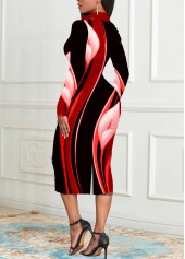 Floral Print Zipper Red Long Sleeve Bodycon Dress