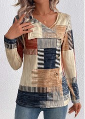 Plaid Asymmetry Light Camel Long Sleeve T Shirt