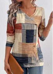 Plaid Asymmetry Light Camel Long Sleeve T Shirt