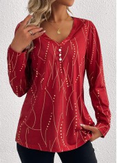 Plus Size Wine Red Button Geometric Print T Shirt