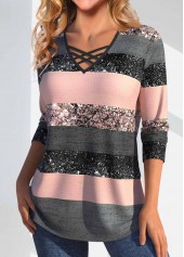 Multi Stripe Print Criss Cross Long Sleeve T Shirt