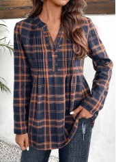 Plaid Tuck Stitch Navy Long Sleeve Split Neck Blouse