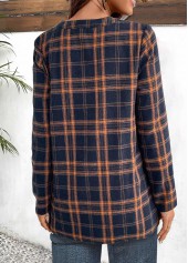 Plaid Tuck Stitch Navy Long Sleeve Split Neck Blouse