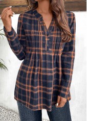 Plaid Tuck Stitch Navy Long Sleeve Split Neck Blouse