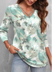 Floral Print Circular Ring Green Long Sleeve T Shirt