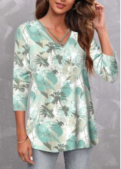 Floral Print Circular Ring Green Long Sleeve T Shirt
