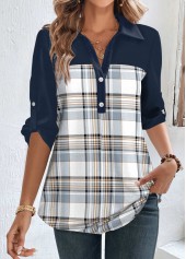 Plaid Patchwork Blue Half Sleeve Shirt Collar Blouse