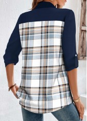Plaid Patchwork Blue Half Sleeve Shirt Collar Blouse
