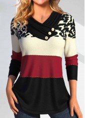 Leopard Button Wine Red Long Sleeve T Shirt