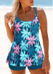 Mid Waisted Tropical Plants Print Circular Ring Tankini Set