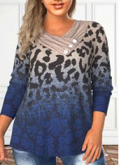 Dark Blue Plus Size Asymmetry Leopard T Shirt