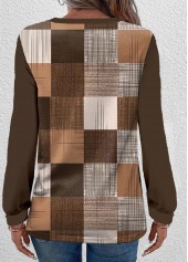 Geometric Print Button Dark Coffee Long Sleeve T Shirt
