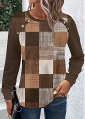 Geometric Print Button Dark Coffee Long Sleeve T Shirt