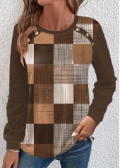 Geometric Print Button Dark Coffee Long Sleeve T Shirt