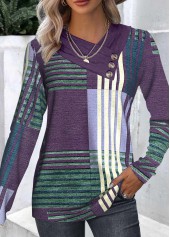 Geometric Print Patchwork Long Sleeve Asymmetrical Neck T Shirt