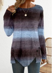 Ombre Patchwork Long Sleeve Round Neck T Shirt