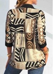 African Tribal Print Button Light Camel Shirt Collar Blouse