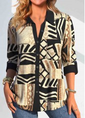 African Tribal Print Button Light Camel Shirt Collar Blouse