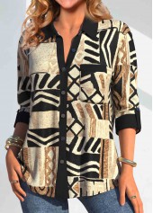 African Tribal Print Button Light Camel Shirt Collar Blouse