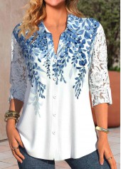 Leaf Print Lace White Long Sleeve Shirt Collar Blouse