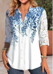 Leaf Print Lace White Long Sleeve Shirt Collar Blouse