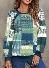 Geometric Print Button Multi Color Long Sleeve Sweatshirt