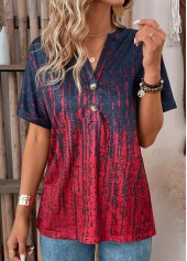 Ombre Button Wine Red Short Sleeve T Shirt