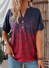 Ombre Button Wine Red Short Sleeve T Shirt