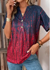 Ombre Button Wine Red Short Sleeve T Shirt