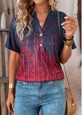 Ombre Button Wine Red Short Sleeve T Shirt