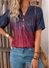 Ombre Button Wine Red Short Sleeve T Shirt