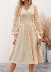 Patchwork Beige Long Sleeve V Neck Dress