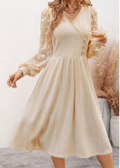 Patchwork Beige Long Sleeve V Neck Dress