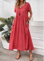 Geometric Print Pocket Red Maxi A Line Dress