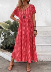Geometric Print Pocket Red Maxi A Line Dress