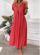 Geometric Print Pocket Red Maxi A Line Dress