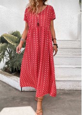 Geometric Print Pocket Red Maxi A Line Dress