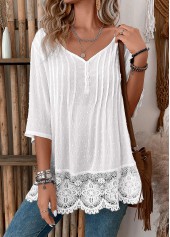 Patchwork White 3/4 Sleeve V Neck Blouse