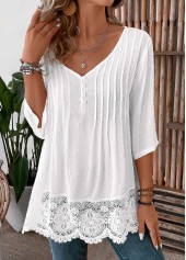 Patchwork White 3/4 Sleeve V Neck Blouse