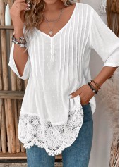 Patchwork White 3/4 Sleeve V Neck Blouse