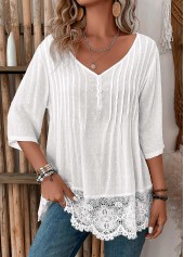 Patchwork White 3/4 Sleeve V Neck Blouse