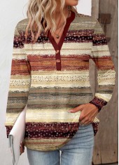 Graffiti Print Patchwork Wine Red Long Sleeve T Shirt