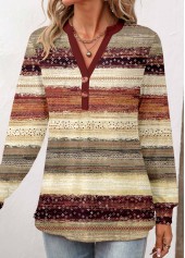 Graffiti Print Patchwork Wine Red Long Sleeve T Shirt